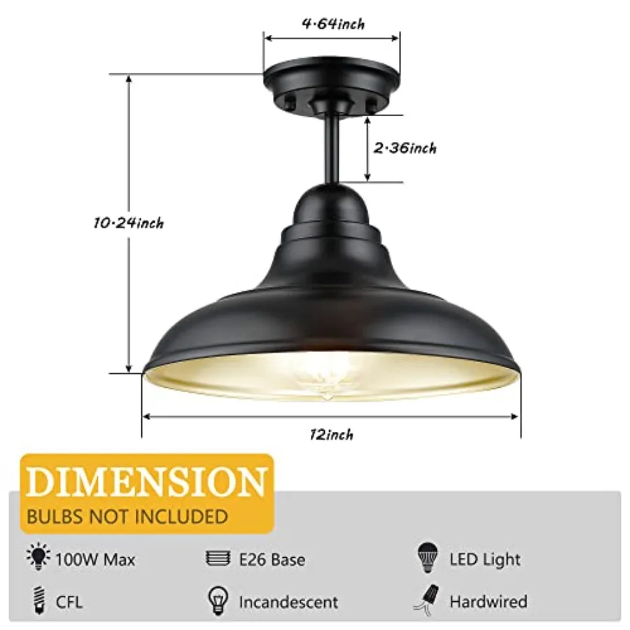Farmhouse Semi Flush Mount Ceiling Lights Modern Ceiling Light Fixture with Black Finish for Kitchen Hallway Entryway Dining Ro