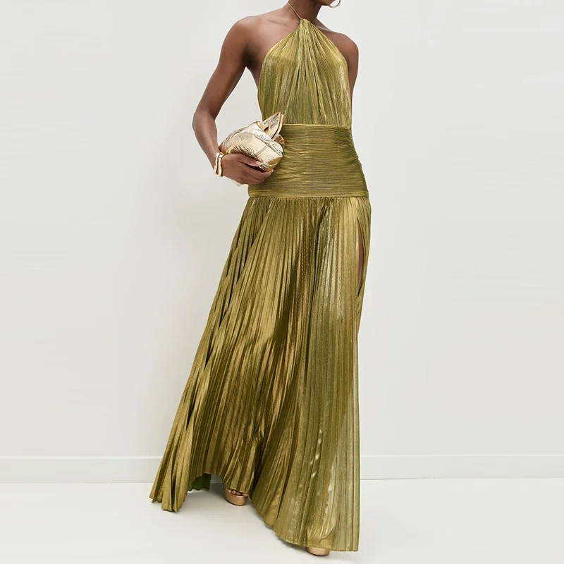 

BluWin Elegant Lady High Waisted Split Dress Hot Women Off Shoulder Sleeveless Party Dress Backless Bright Pleated Evening Dress