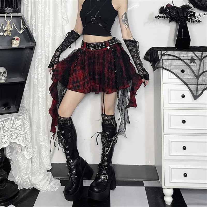 Goth Dark 90s Grunge Plaid Ball Gown Mall Gothic Irregular Lace Ribbon Women Mini Skirts Cyber Y2K Streetwear Zip E-girl Skirt