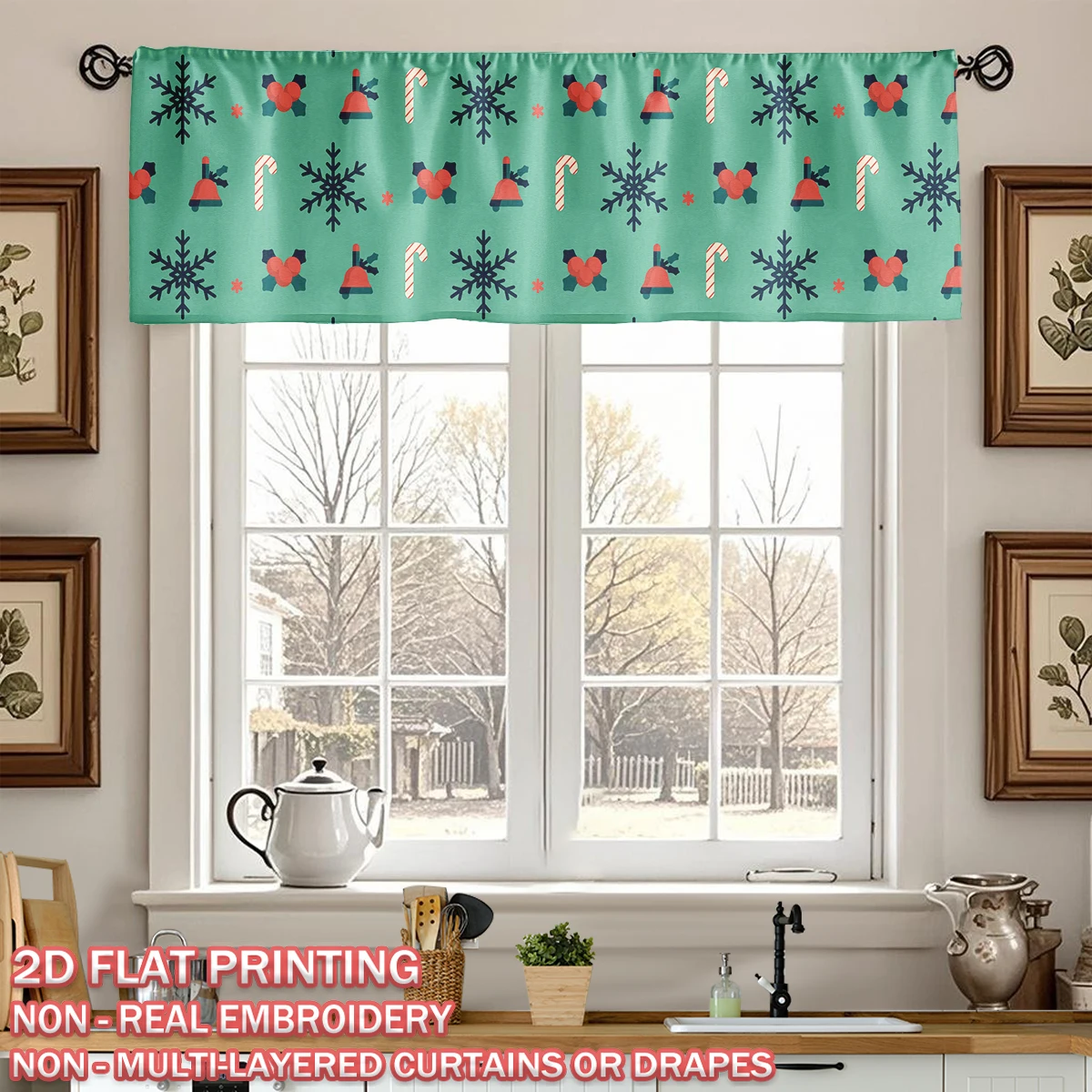 Christmas Flat Printing Kitchen Window Valance With Christmas Hat Candy Snowflake Love Berries For Home Party Door Window Decor