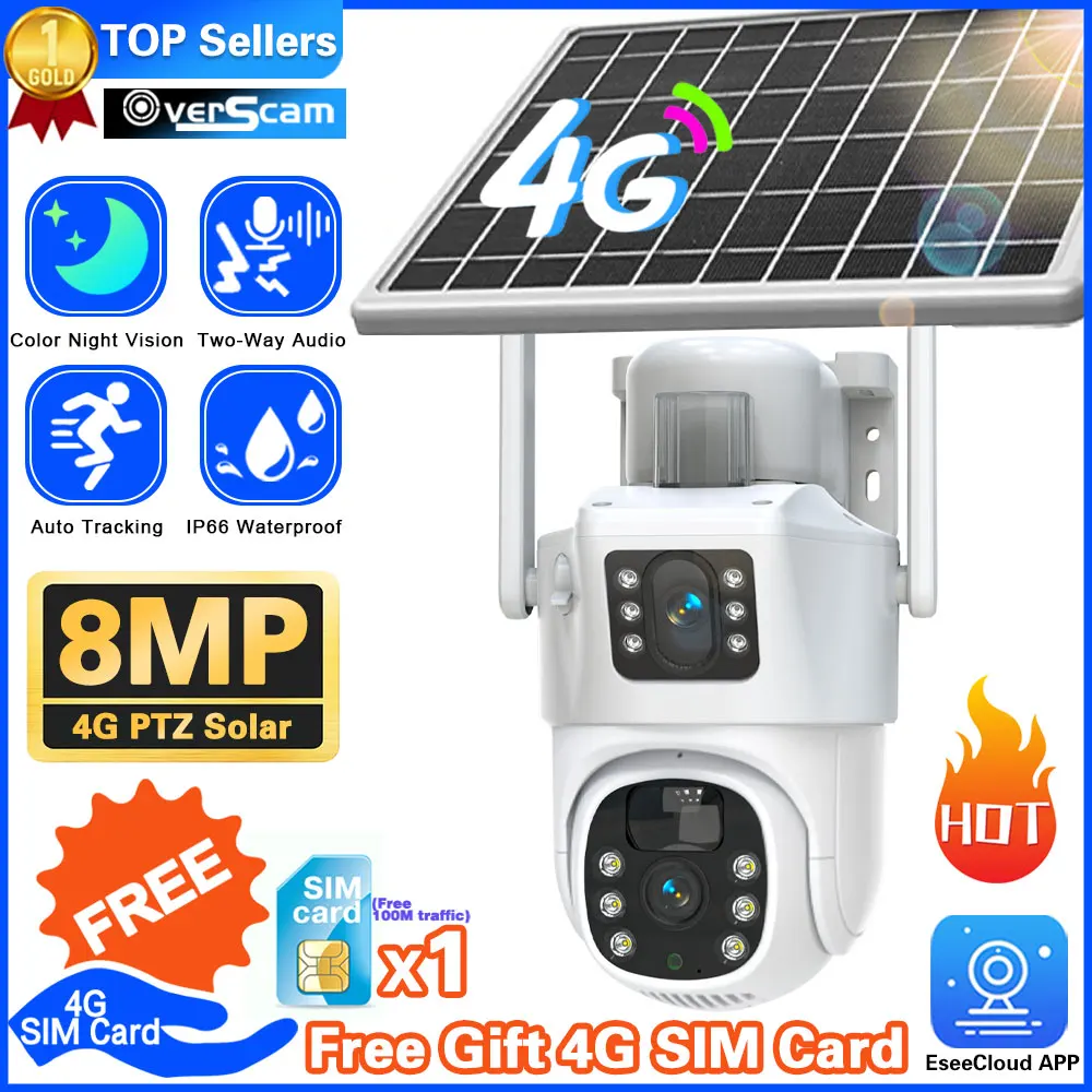 

4K 8MP Dual Screen Solar Camera Outdoor Wireless 4G SIM Crad PTZ Control Dual Lens Security Protection Auto Tracking CCTV Camera