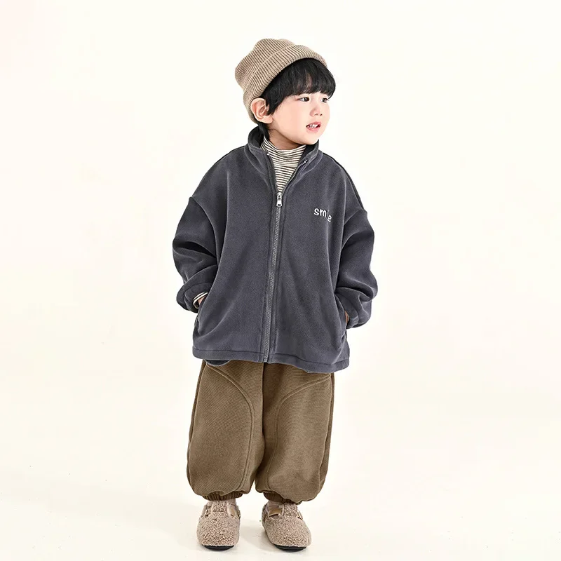 Autumn Winter Boys Girls warm soft polar fleece stand collar jackets Children letters embroidery zip-through Outwears Coats