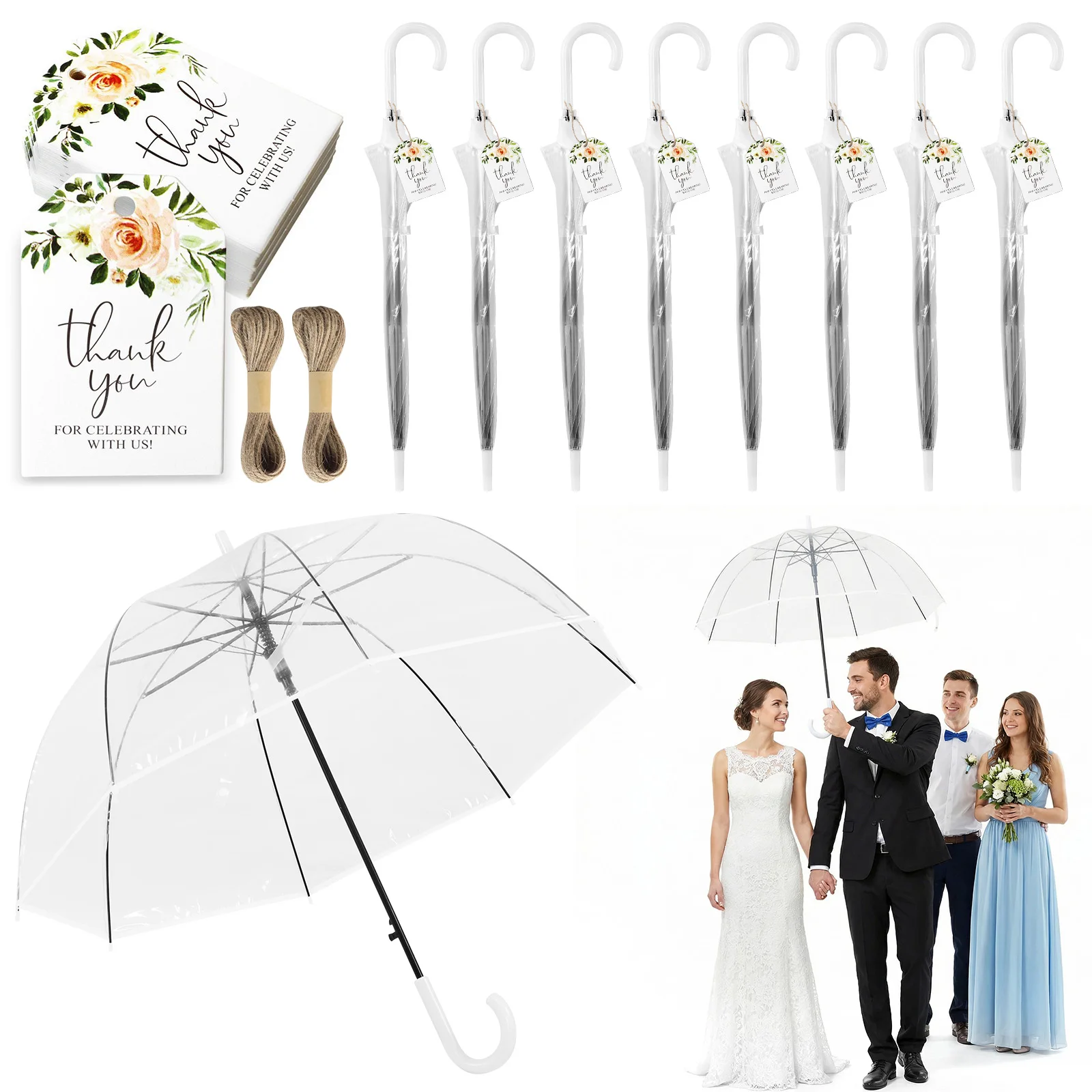

Большие ветрозащитные прозрачные свадебные зонты 52 дюйма с классической ручкой-крюком для свадеб, торжеств, выпускных и мероприятий на открытом воздухе