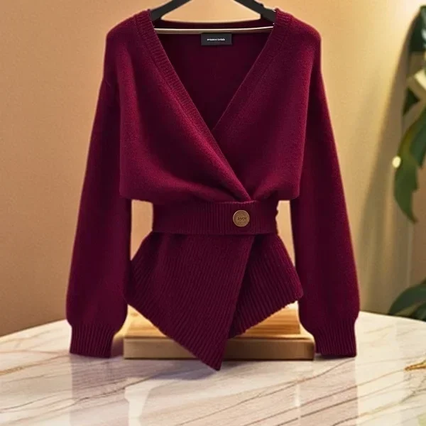 New High End Fashion Women\'s Sweater Sexy V-neck Long Sleeve Slim Solid Color Casual Loose Cardigan Tops Elegant Knitwear