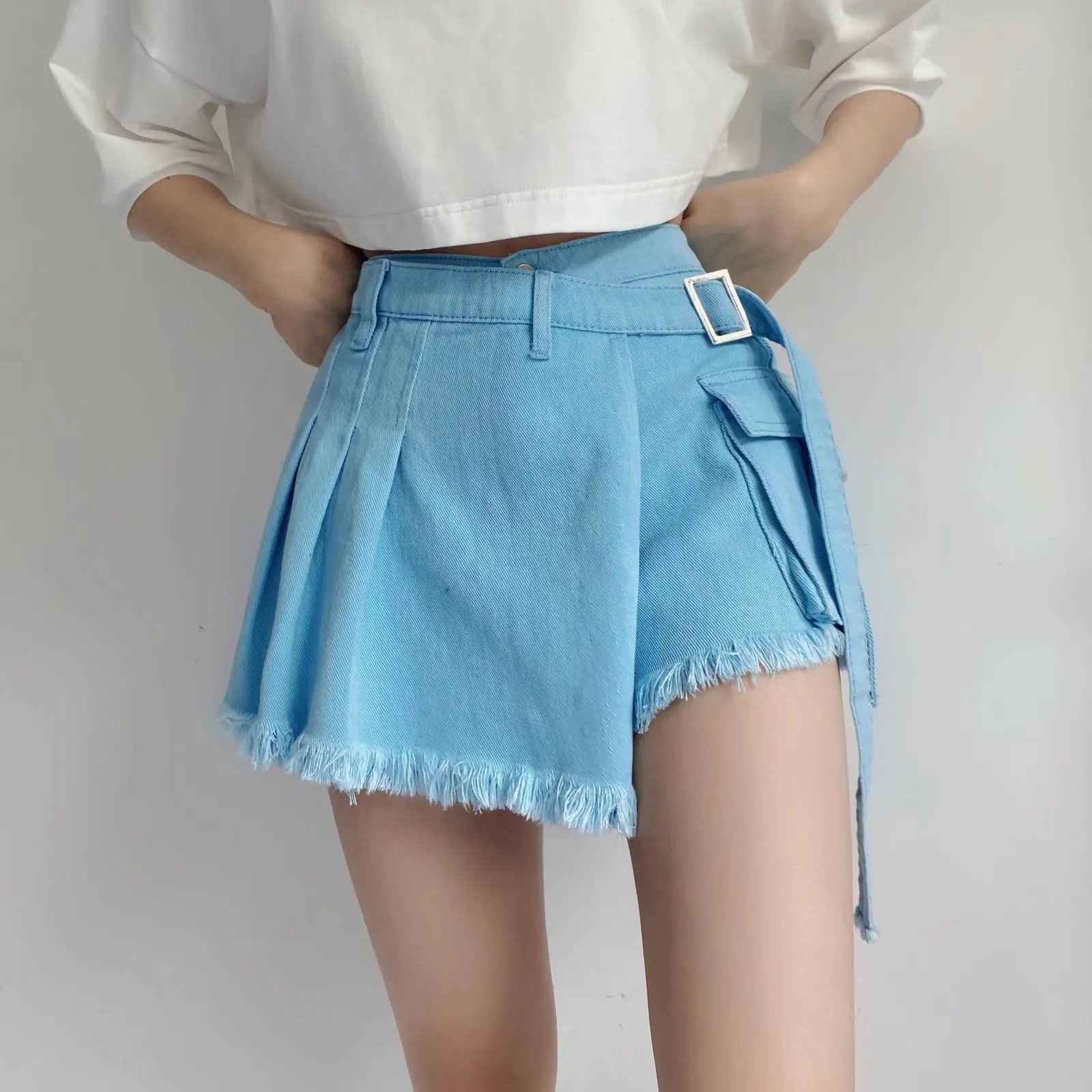 

Irregular Pink Denim Skirt Women's Summer High Waist Slimming False Two-Piece A- Line Workwear Short Mini Skirts 2023