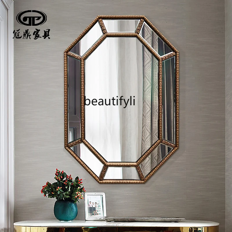 Bedroom Retro Dressing Mirror Bathroom Wash Mirror Perforated Wall-Mounted Polygon Mirror