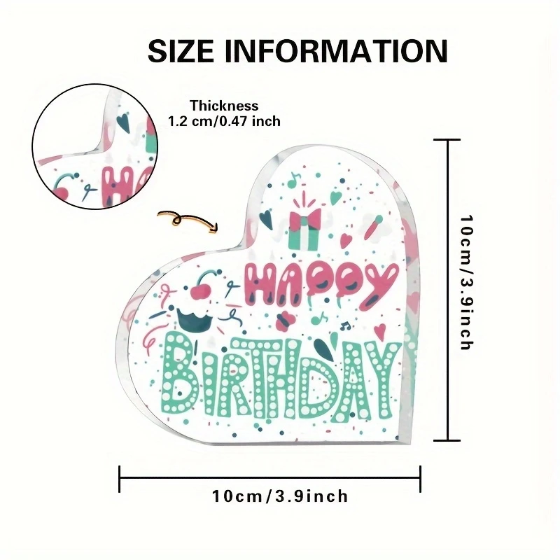 Heart Shaped Acrylic Plaque Happy Birthday Cupcake Pattern Desktop Decor Gift