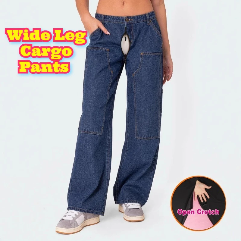 Wide Leg Cargo Pants Women Loose Fit Washed Work Jeans Pockets Straight Cut Mid Rise Open Crotch Design Casual Comfortable