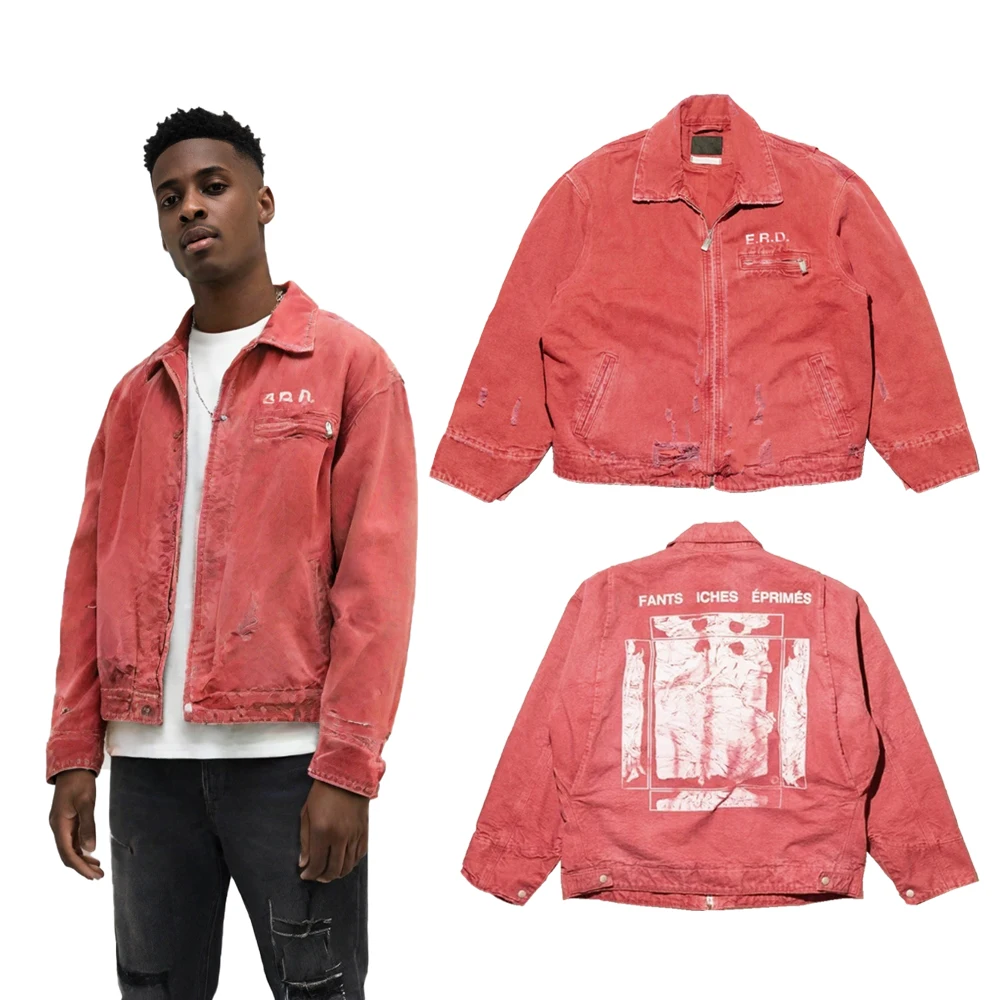 

Streetwear Vintage Clothing Men's Distressed Printed Zipper Jackets Harajuku HipHop Street Style Retro Casual Heavy Cotton Coats