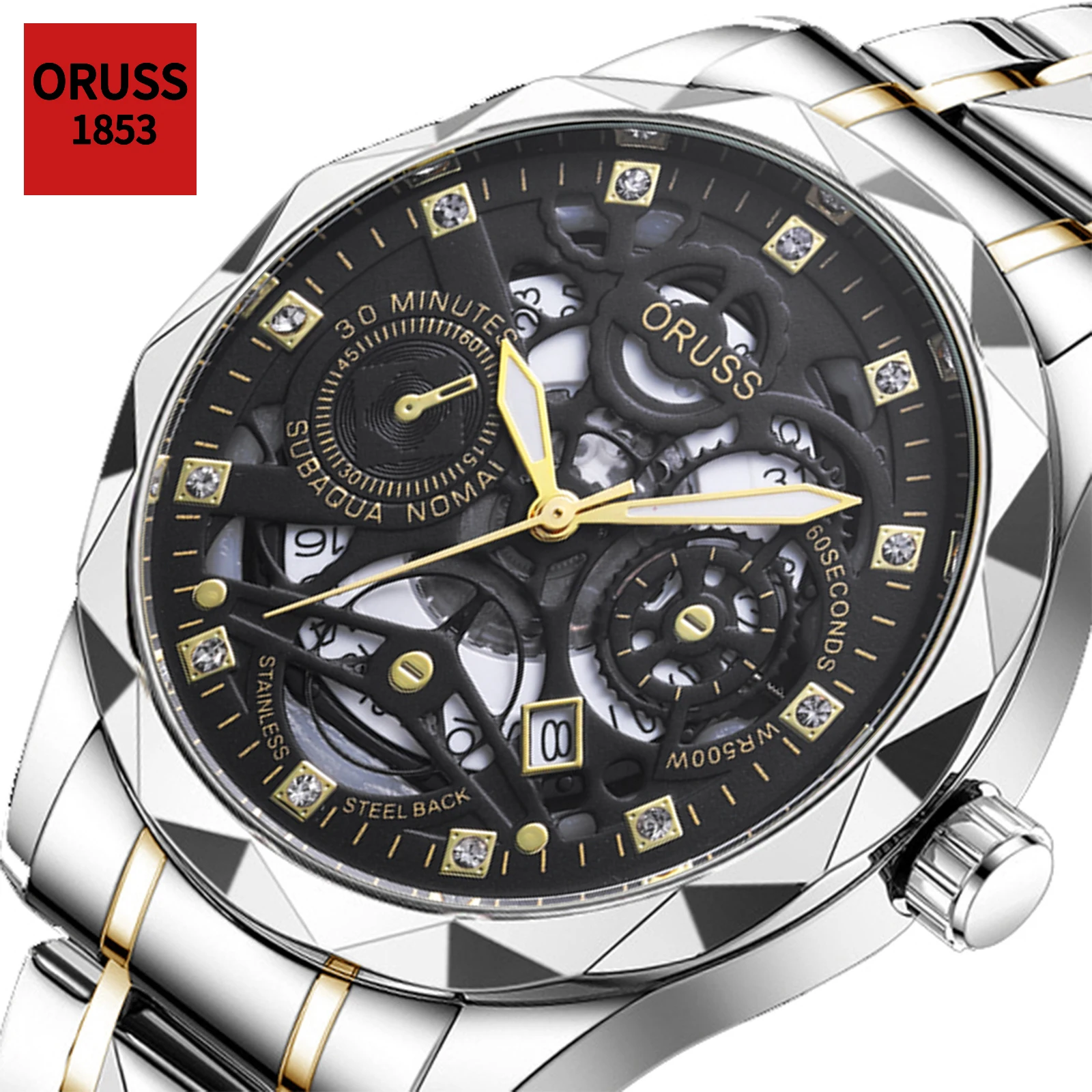 

Мужские часы ORUSS, дизайн с открытым механизмом, стильные и модные, люксовые, светящиеся, водонепроницаемые кварцевые часы, идеальный подарок для мужчин