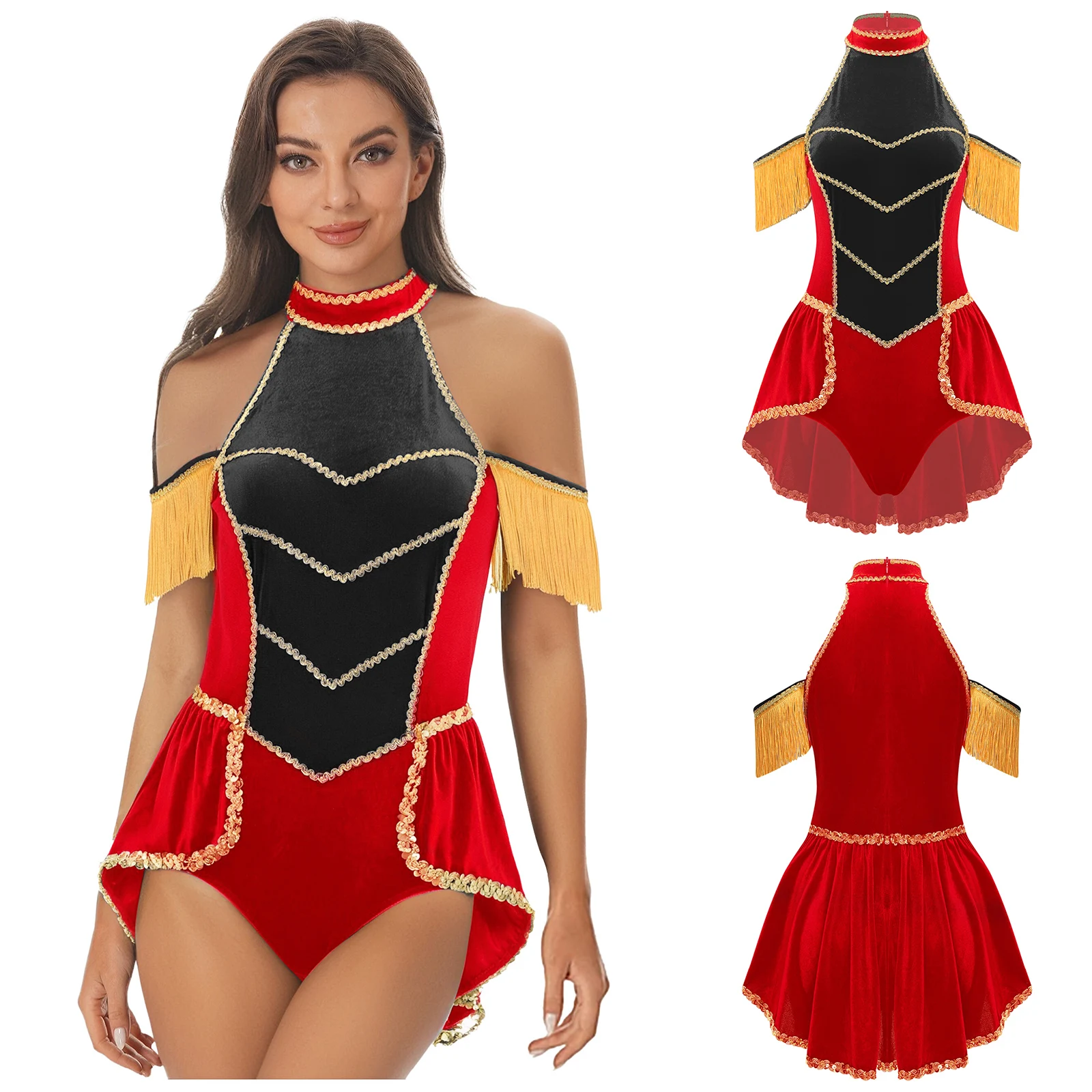 

Women Party Circus Ringmaster Magician Cosplay Performance Outfits Velvet Tassel Swallowtail Jumpsuit for Halloween Carnival
