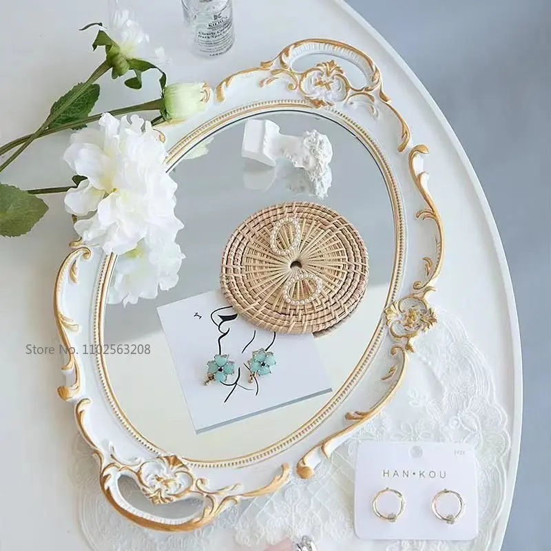 European Style Makeup Mirror Rustic French Palace Style Carving Frame Luxury Table Bohemian Mirrors Shooting Props Home Decor