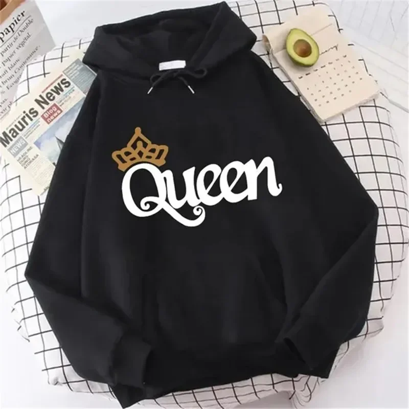 Women QUEEN Print Hoodies Autumn Fleece Hooded Sweatshirts Casual Sport Pullover Tops Outer Wear S-4XL