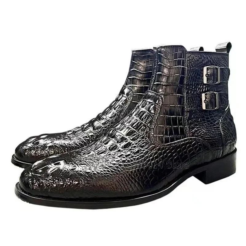 

Crocodile Print Buckle Decor Ankle Boots Fashion Slip On Men Boots Handcraft Party Banquet Office Men Dress Shoes