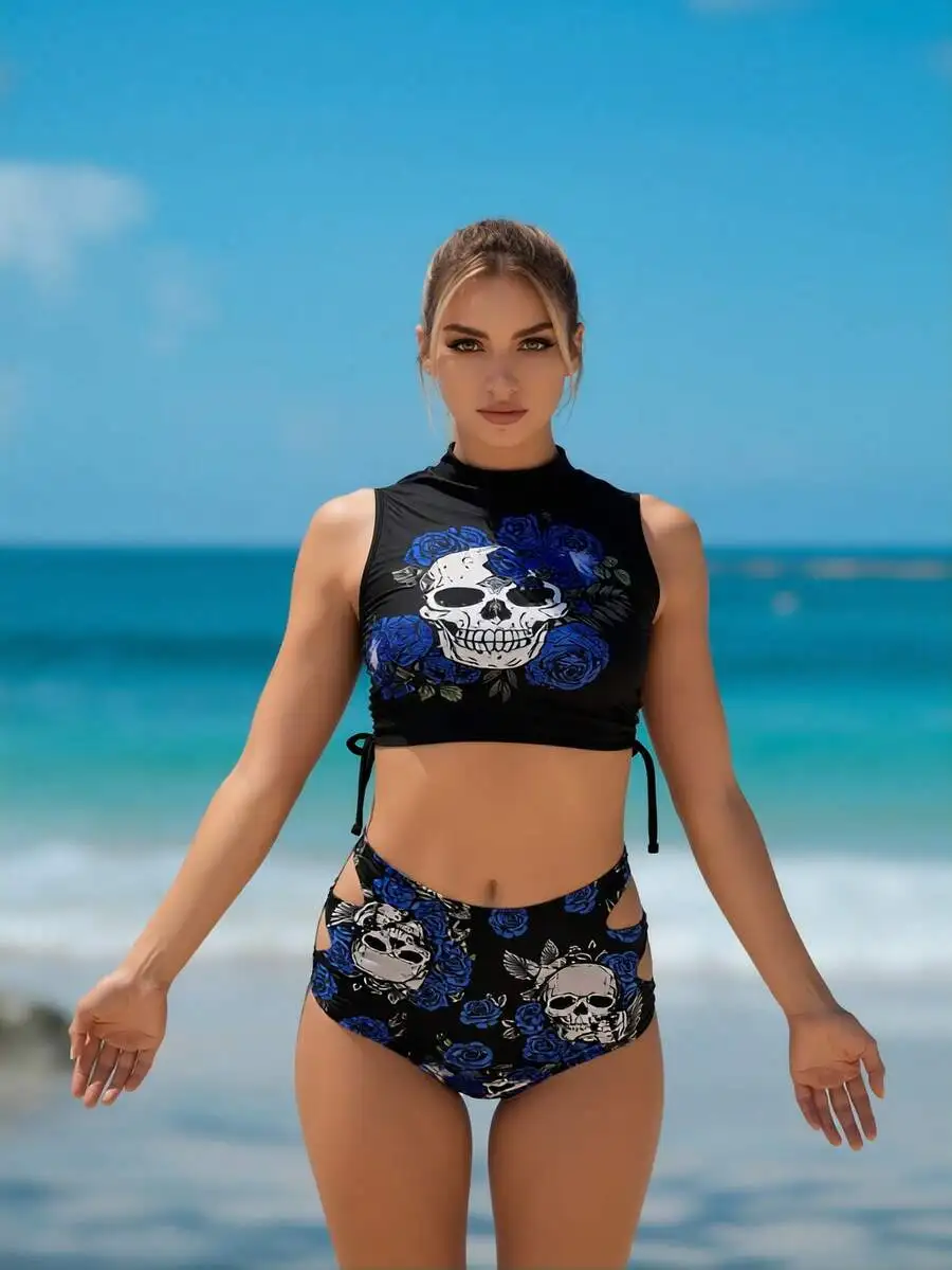 

Gothic Skull And Blue Rose Print Bikini Set Women High Neck Sleeveless Top Cutout High Waisted Bottoms Beach Vacation