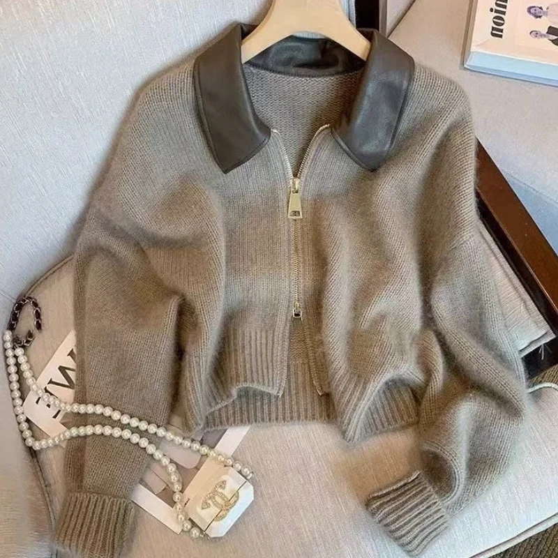 Women Relaxed Zip Up Short Knit Cardigan Chic Design Loose Zip Front Sweater Casual Top for Spring Autumn Solid Top