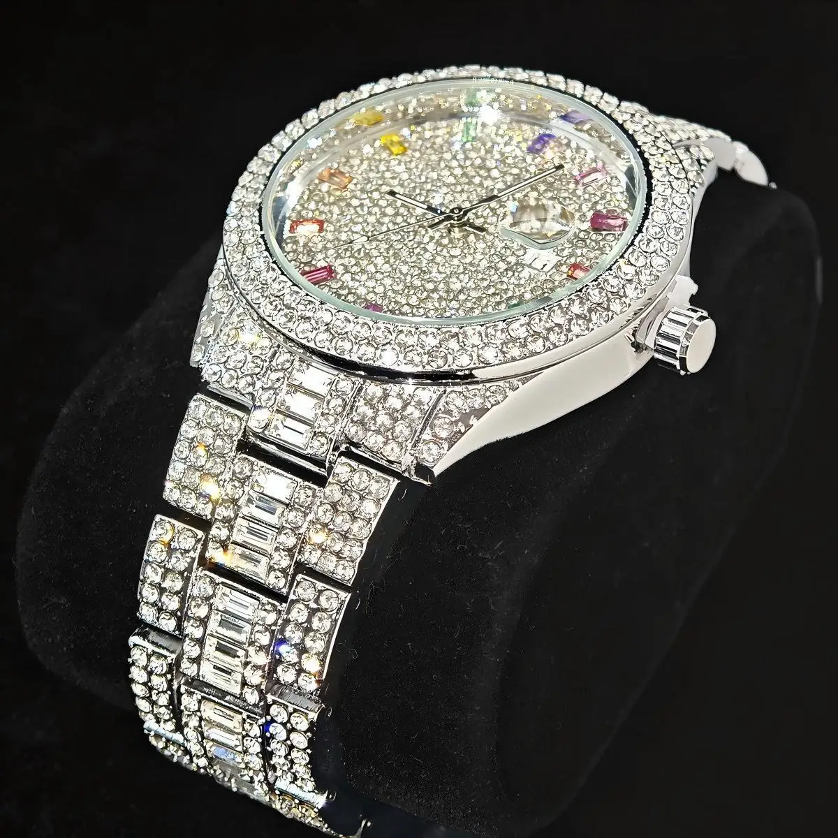 Горячие роскошные брендовые мужские круглые часы со льдом, блестящие хип-хоп, полный бриллиант, модные цветные точечные бриллиантовые циферблаты, мужские кварцевые наручные часы, новый подарок