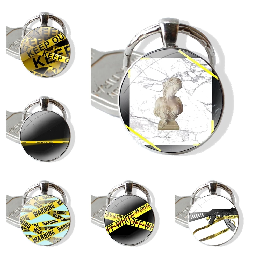 Keychain Handmade Glass Cabochon Key Ring Holder Pendant Key Chains off yellow warning