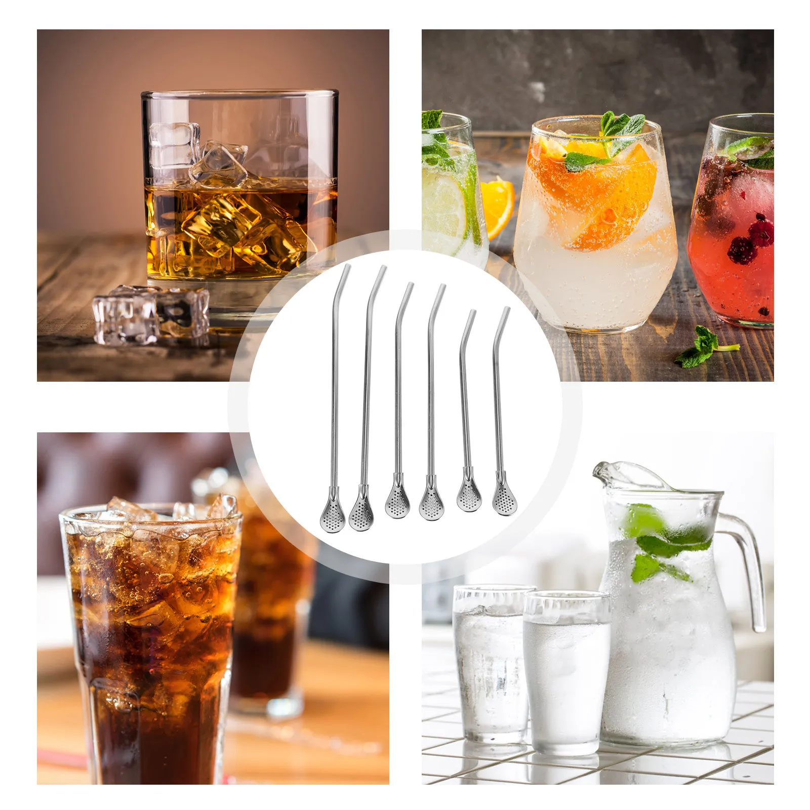 6Pcs Stainless Steel Filter Spoon for Tea Coffee 304 Grade Spoon Straw with Filtering Function Outdoor Friendly Reusable