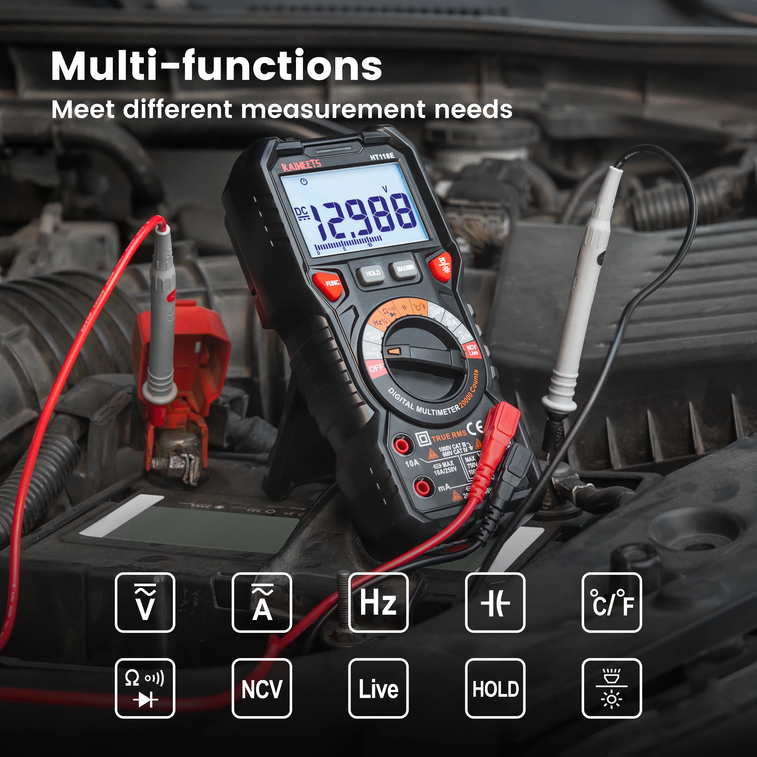 20000 카운트 TRMS 디지털 멀티미터 자동 범위 정확한 측정 1000V 10A AC DC Ohm Hz NCV 라이브 전압 온도 측정기, NCV 라이브 전압 온도 측정기