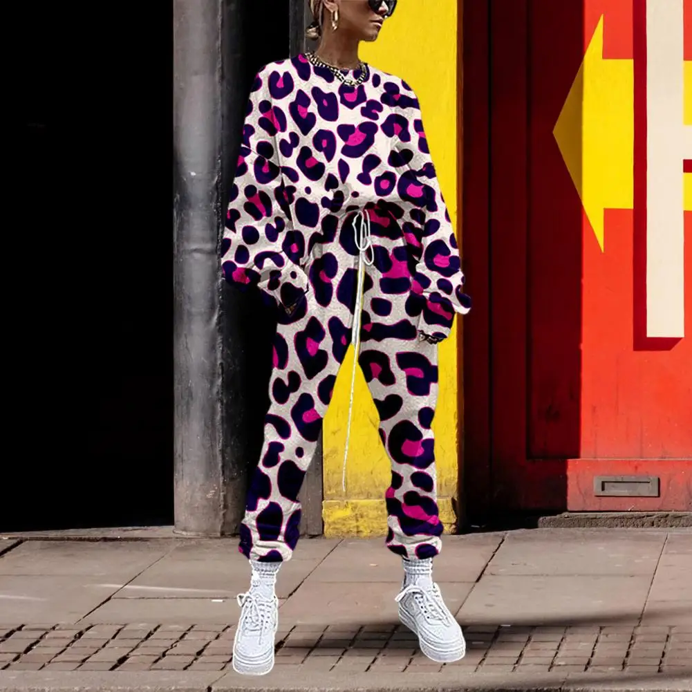 2Pcs/Set Stylish Women Tracksuit Washable Women Top Pants Leopard Relaxed Fit 3D Digital Print Outfit Tracksuit Streetwear