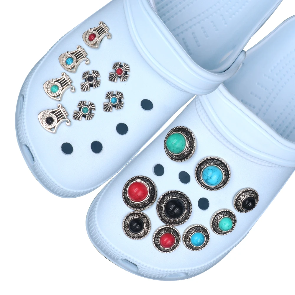Shoe 크로크 Accessories 1 Set 16 Pieces Badge Shape Simulated Turquoise Round Shoe 크로크 Detachable Sandals Decorations Charm Gift