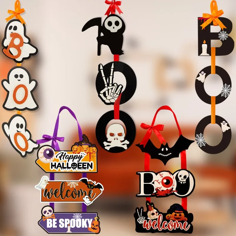 Halloween BOO Shaped Door Sign Decorations Pumpkin Ghost Wooden Signs Halloween Front Door Hanger Yard Wall Home Decor for Party