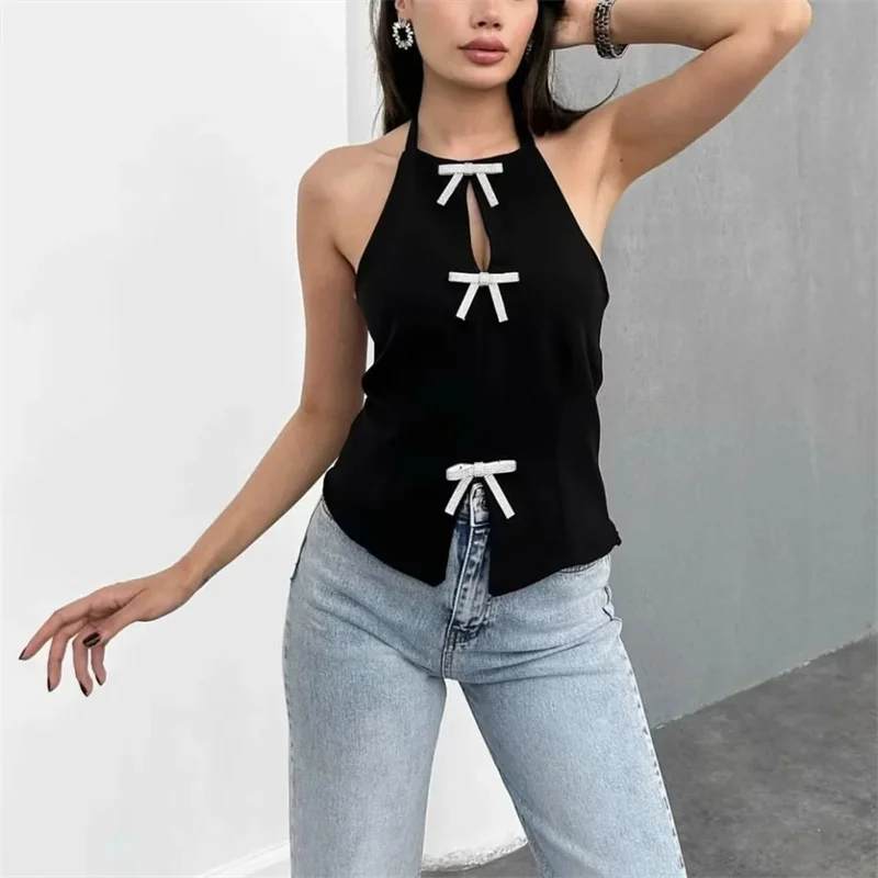 TRAF Bow Rhinestone Crop Top Women Cut Out Black White Sleeveless Backless Top Female Off Shoulder Sexy Tops Woman Summer Tops