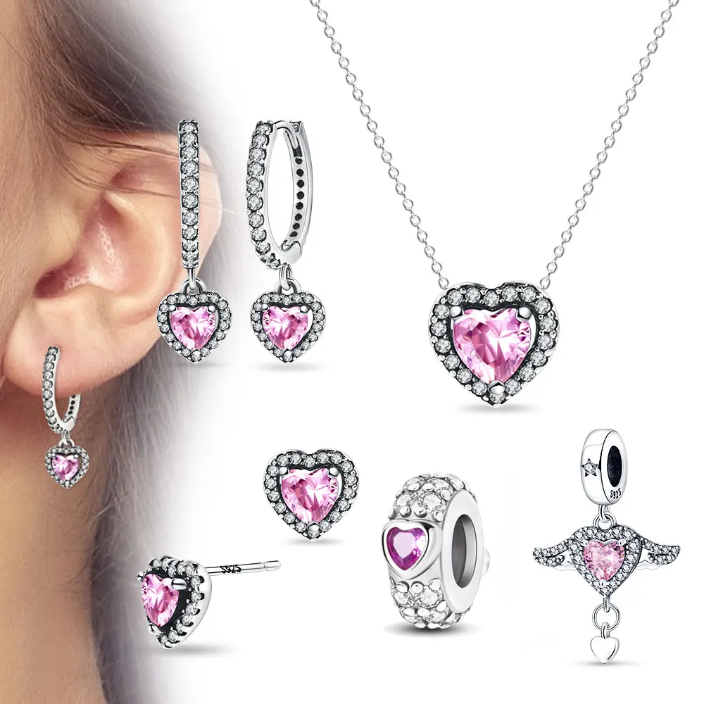 Sterling 925 Silver Pink Shiny Love Full of Diamond Zestaw biżuterii Seria Charm Pierścionek Naszyjnik Kolczyki Kobiety Wykwintny prezent jubilerski