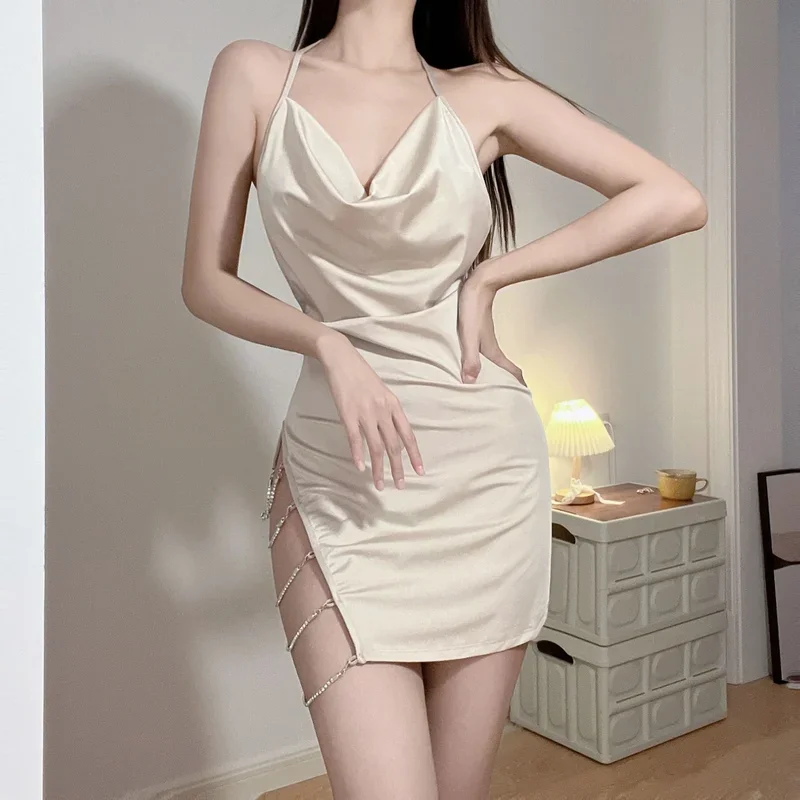 Sexy Suspender Pajamas Secretary Uniform Swinging Collar Backless Fork Folds Diamond Chain Solid Silk Lace Up Short Charm