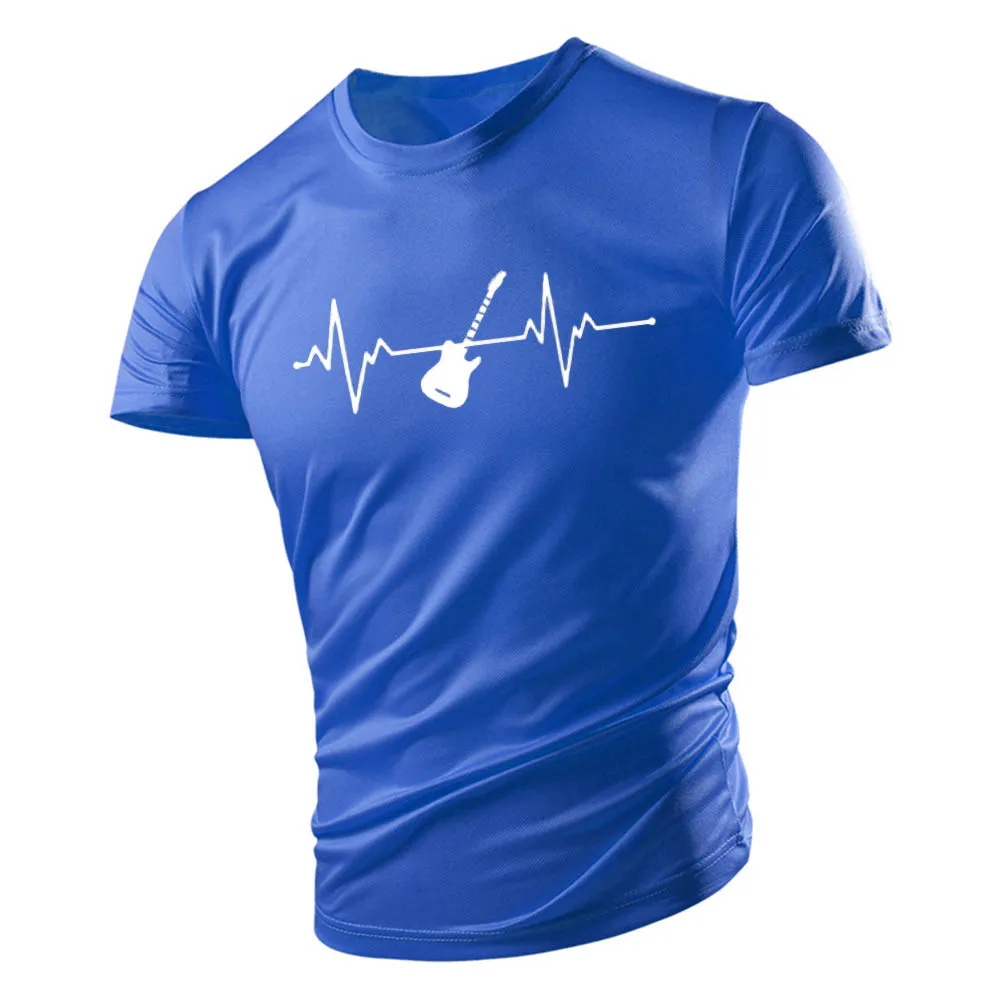 Guitar Ecg Printed Men\'S T-Shirt Summer New Casual Crewneck Loose Comfortable Quick Dry Short Sleeve Hip Hop Street Jogging Top