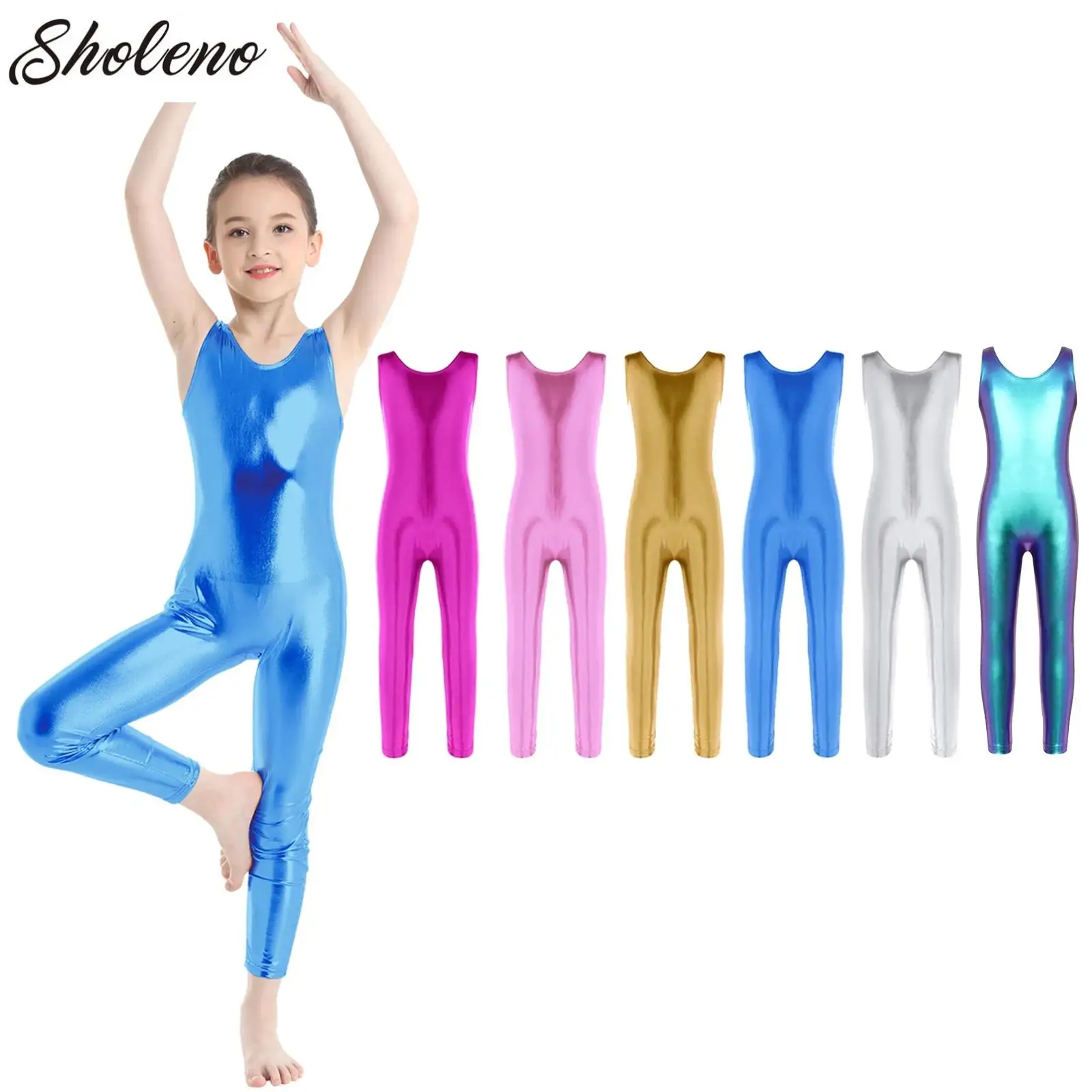 Unitard métallique brillant pour filles, combinaison une pièce, costume de batterie, vêtements de danse pour enfants, justaucorps de ballet