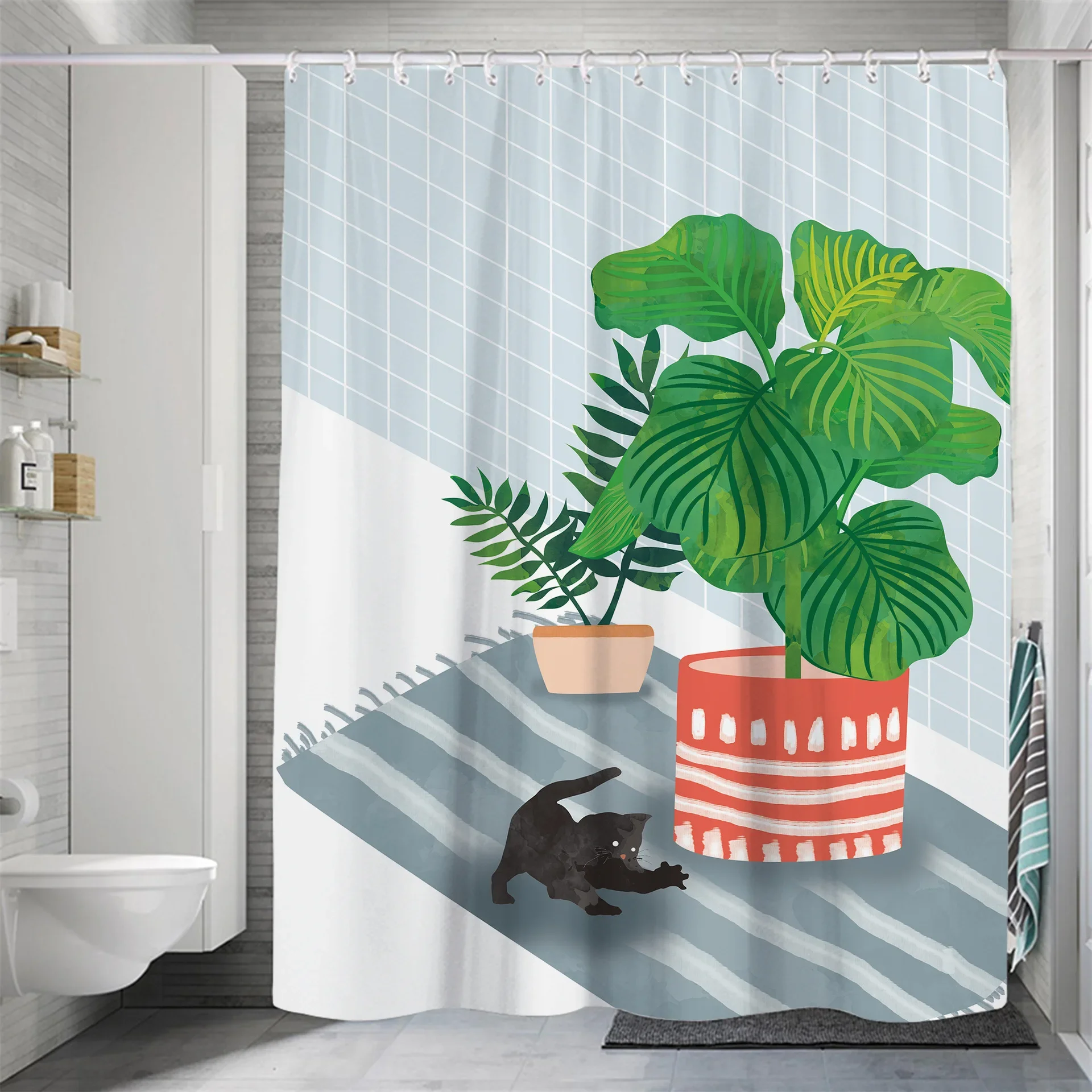 

Modern Small Fresh Shower Flower Cat Shower Curtain Polyester Frabic Waterproof Polyester Bathroom Curtain with Hooks Home Decor
