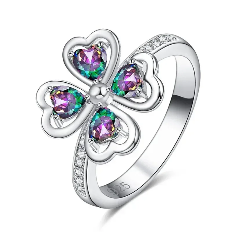 Beautiful Fashion Silver Created Rainbow Zircon Four Shape Ring Jewelry Size 6-10