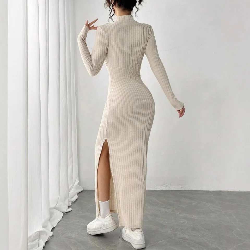 Fashion Knitted Ribbed Turtleneck Long Sleeve Split Bodycon Dress Spring Summer Elegant Evening Dress