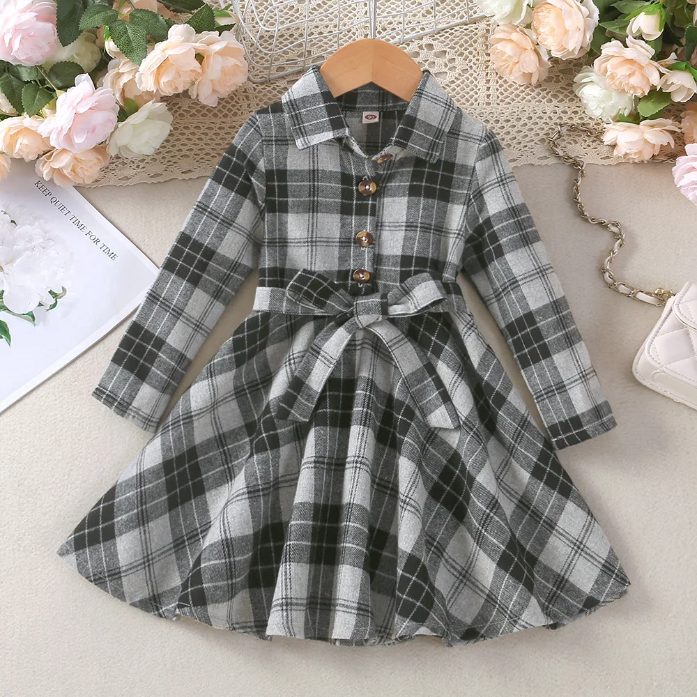 New Product For Young Children's Spring And Autumn Checkered Lapel Button Up Dress