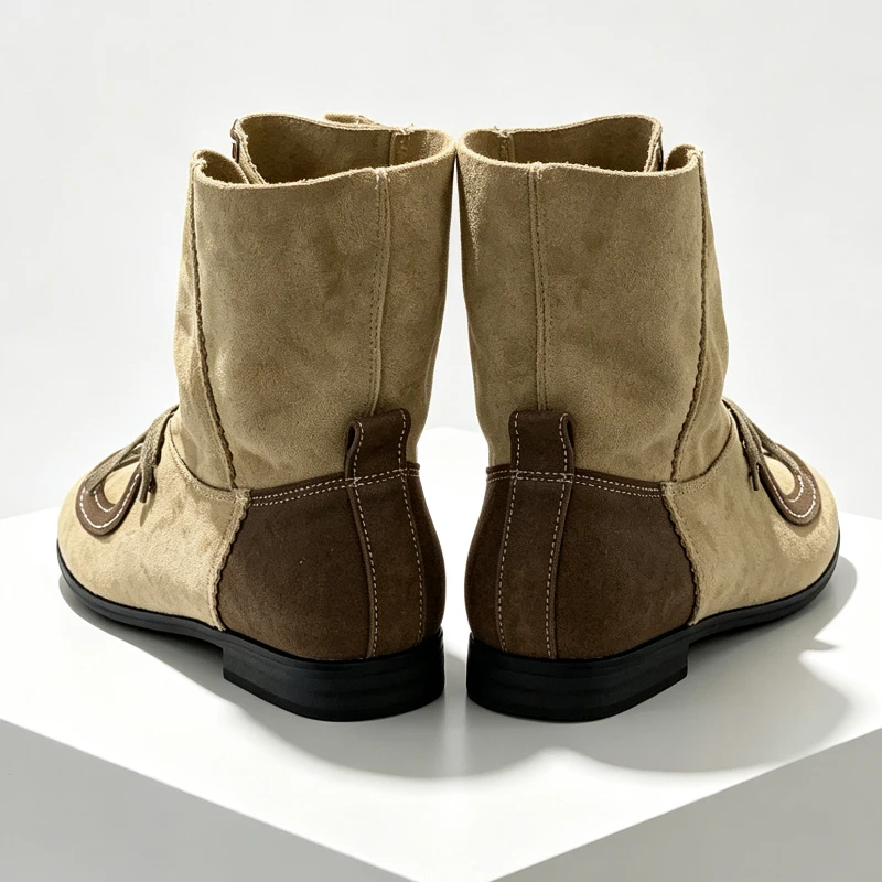 Faux Suede Women’s Ankle Boots Fashion Color-Blocking Lace-Up Designer Short Boots Comfortable Round-Toe Vintage Riding Boots