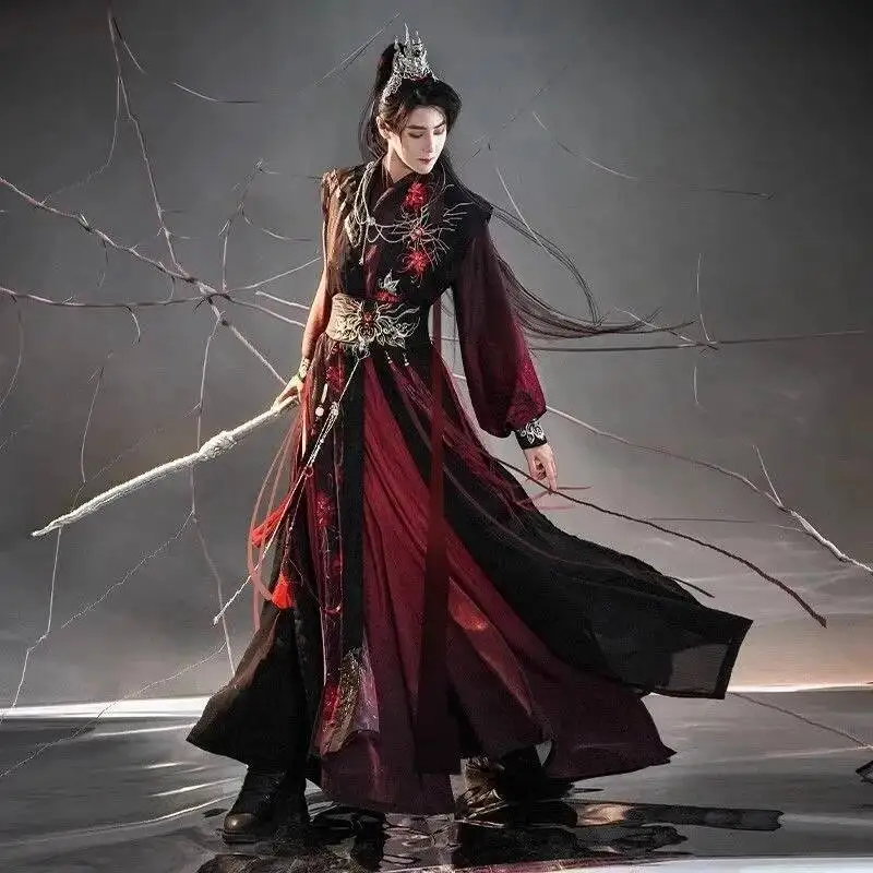 

Original Ancient Style Manxi Silk Language Chinese Elements Song Dynasty Long Shirt Bijia Bian An Hua Spider Black Red Handsome