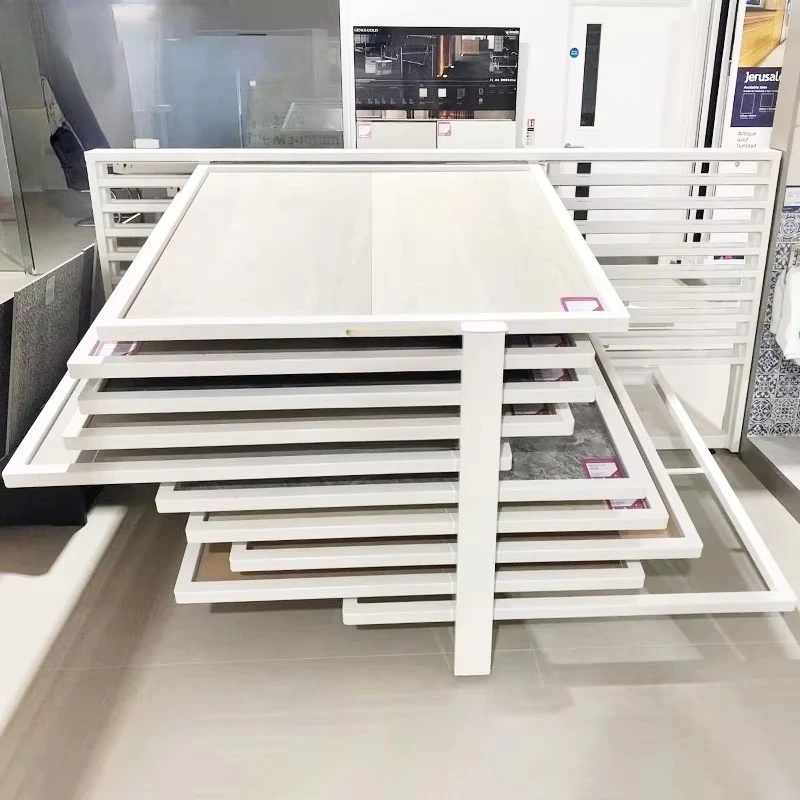 

Push-pull WPC panel display stand for retail display of laminated tile granite quartz stone samples at exhibitions