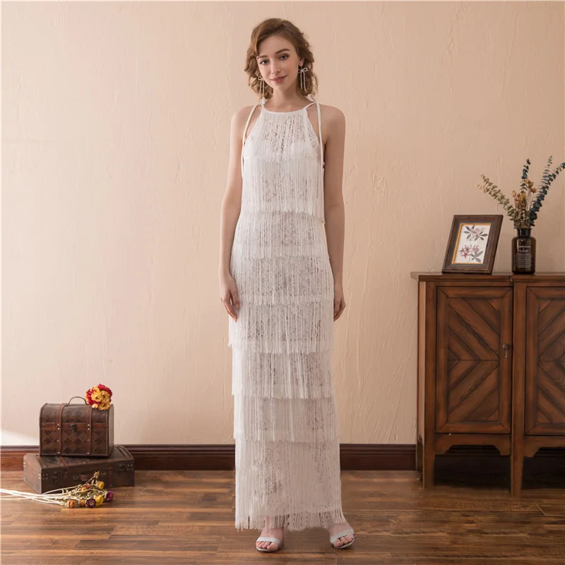 

MULONG Exquisite Tassels Illusion Lace Chiffon Elegant Wedding Dresses Sheath/Column Halter Ankle-length luxury Robe De Mariée