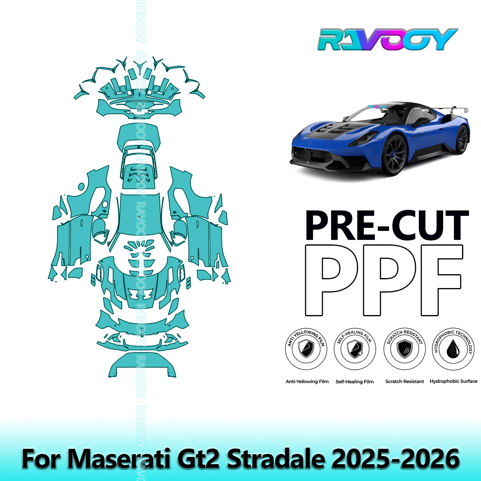 Kit de Película Protectora de Pintura (PPF) Precortada de 8.5 Mil para Maserati GT2 Stradale 2025-2026, Protección Completa del Vehículo