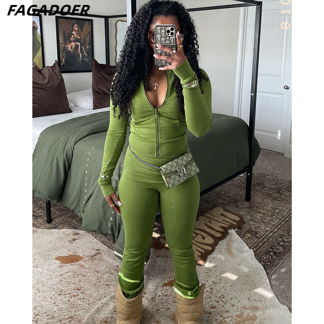 FAGADOER Autumn Winter 2 Piece Sets Women Outfit Casual Zip Pocket Crop Tops+High Waist Leggings Pants Suits Jogger Streetwear