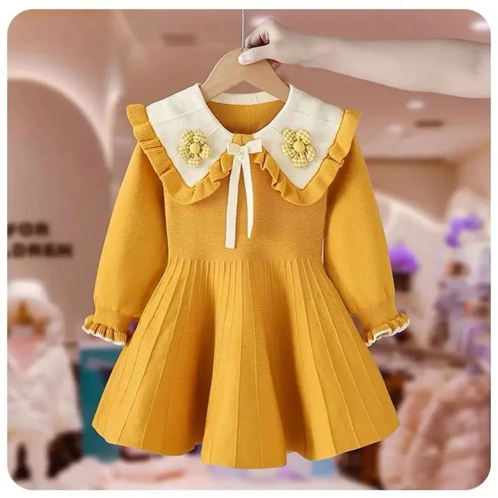 3-11Years Toddler Kids Sweater Dresses for Girls Cute Flowear Princess Knit Sweaters Dress Infant Children Fall Outfits Clothing