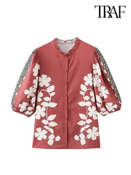 TRAF Women Fashion Round Collar Single Breasted Top Elegant Flower Embroidery Loose Top Half Sleeve Commuter Printed Casual Top