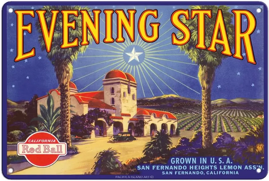 Evening Star - Red Ball California Lemons - Vintage Fruit Crate Label c.1930s - 8 x 12 inch Vintage Metal Tin Sign