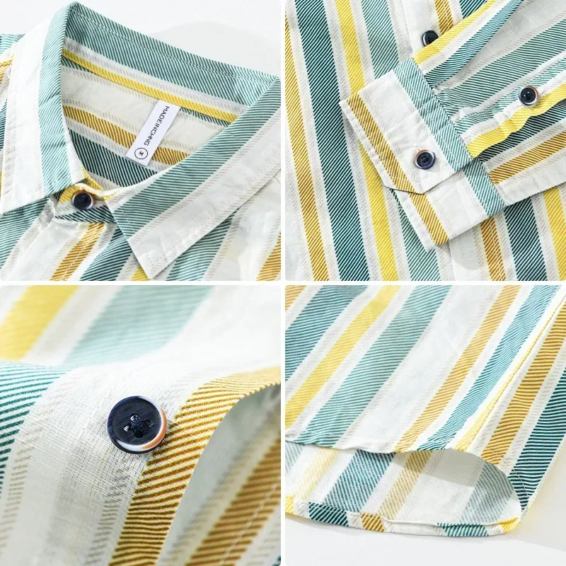 

Свежая полосатая рубашка с длинным рукавом, мужская летняя пляжная дышащая рубашка, повседневная хлопковая льняная рубашка, мужская японская модная сорочка Homme