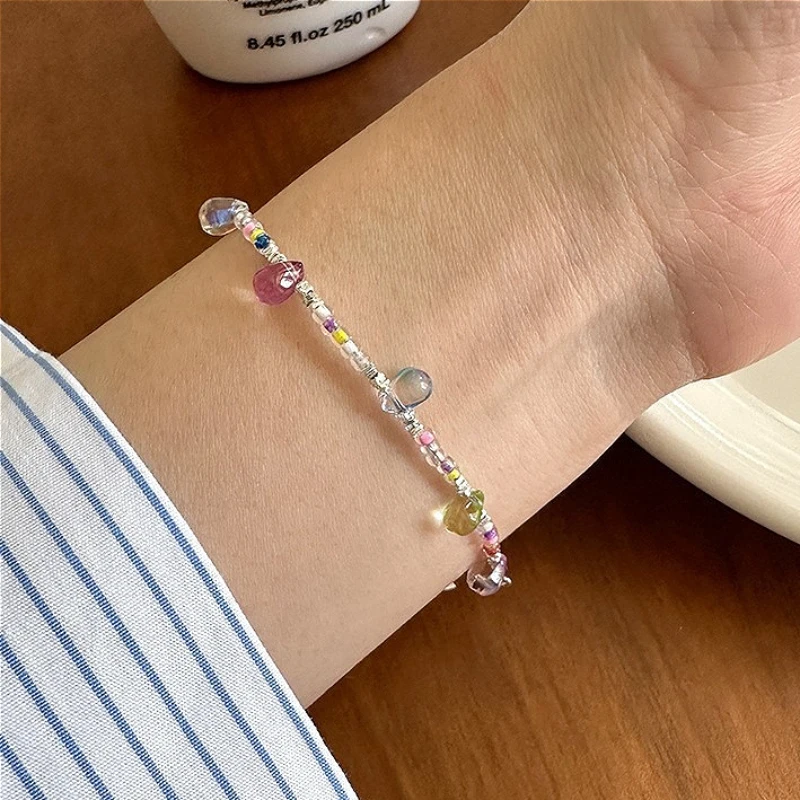 

925 Sterling Silver Chic Exquisite Colored Water Droplet Beads Bracelet for Women Fine Jewelry Minimalist Accessories Wholesale