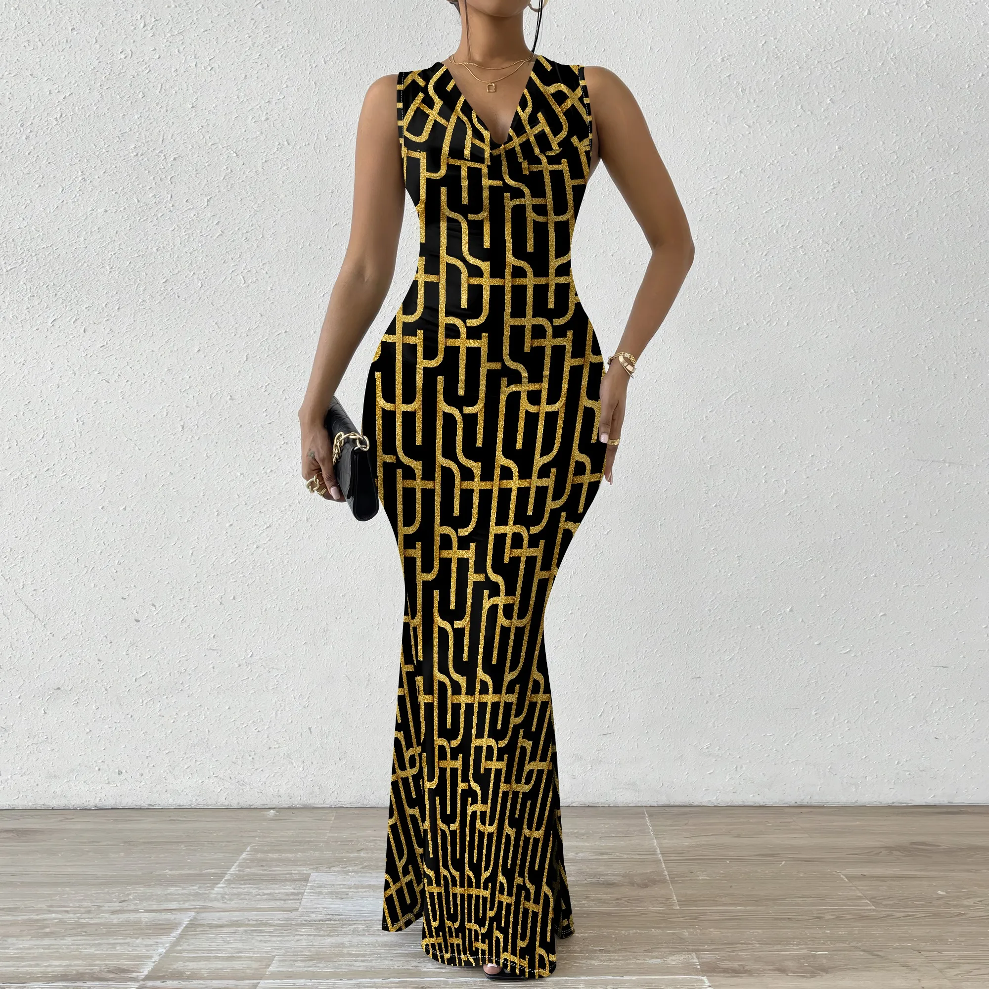 

Black & Gold Chain Print Maxi Dress XS-2XL Elegant V-Neck Sleeveless Bodycon Gown for Nightclub, Holiday Party or NYE
