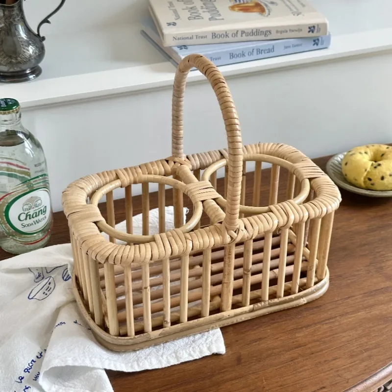 Korean Ins Rattan Woven Picnic Basket Portable Red Wine Rack Hand-woven Ornaments Pastoral Wind Household Storage Basket