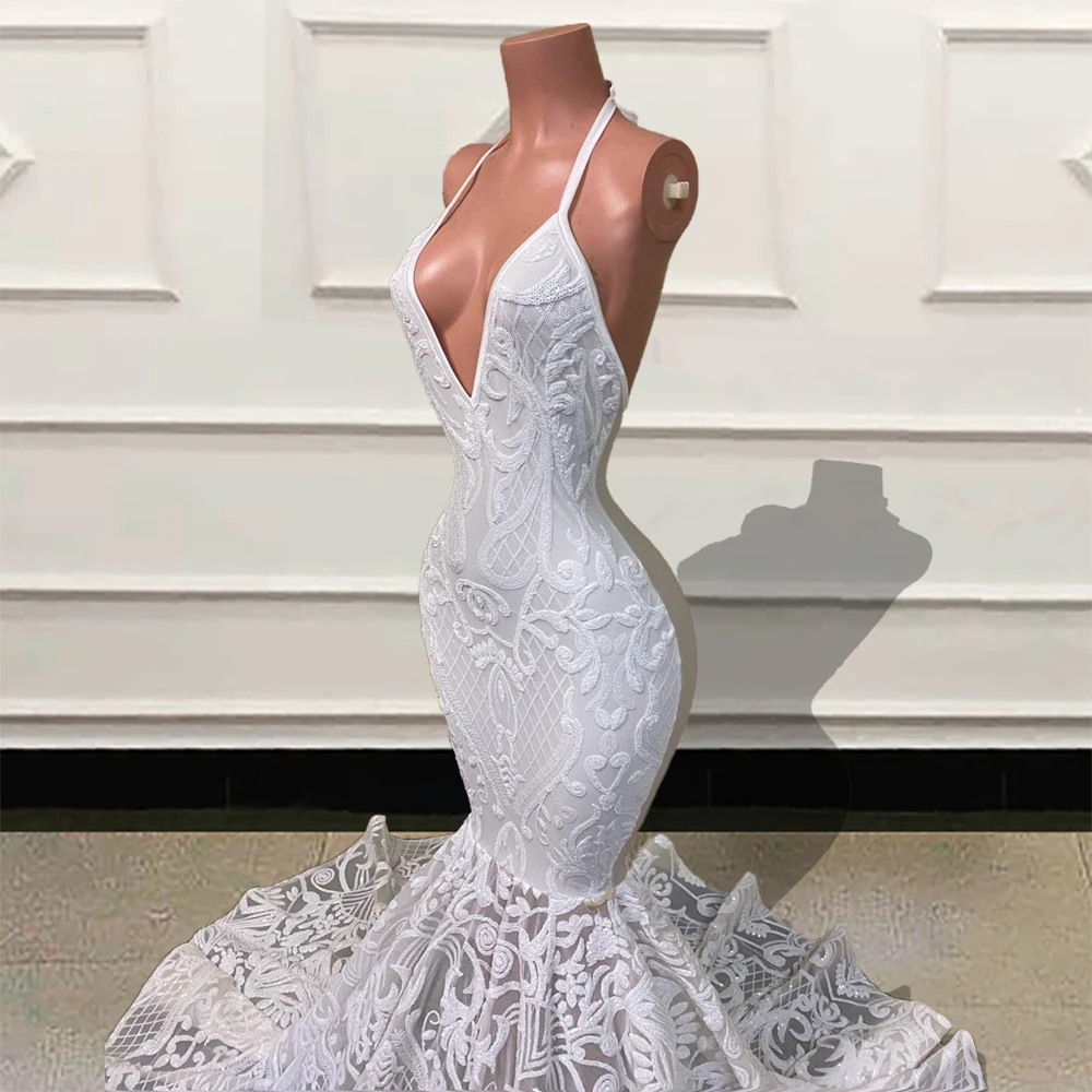 Robe de Soirée Longue en Dentelle de Forme Sirène pour Femme, Tenue Blanche Sexy, à Paillettes Brillantes, Col en V, pour Occasions Formelles, Bal de Promo, sur Mesure, 2023